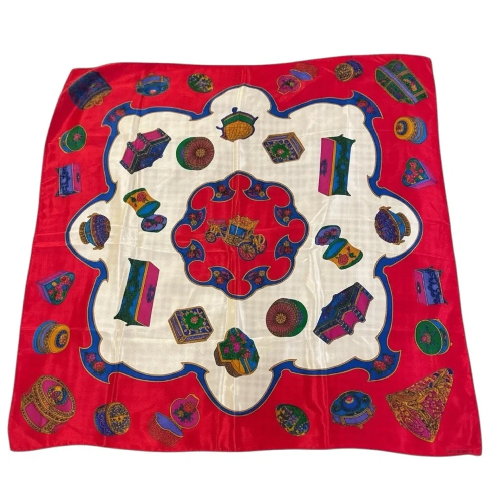 LIZ CLAIBORNE 80s Silk Vibrant Red Multicolored Carriage & Trinket Box Scarf 31”